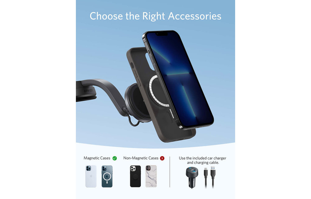 Anker 613 Anker Magnetic Wireless Charger (MagGo) Car Mount with 2-Port USB Car Charger, 5 ft USB-C to USB-A Cable