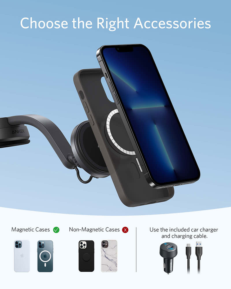 Anker 613 Anker Magnetic Wireless Charger (MagGo) Car Mount with 2-Port USB Car Charger, 5 ft USB-C to USB-A Cable