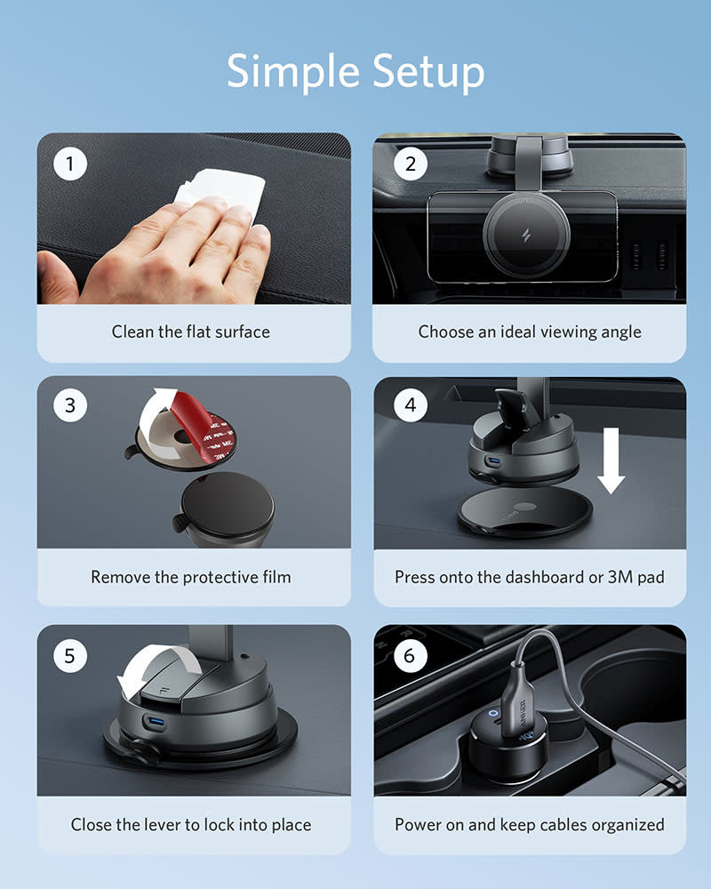 Anker 613 Anker Magnetic Wireless Charger (MagGo) Car Mount with 2-Port USB Car Charger, 5 ft USB-C to USB-A Cable