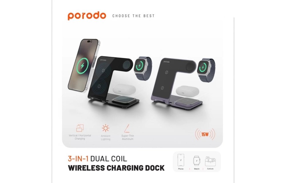 Porodo 3 In 1 Dual Coil Wireless Charging Dock - Black