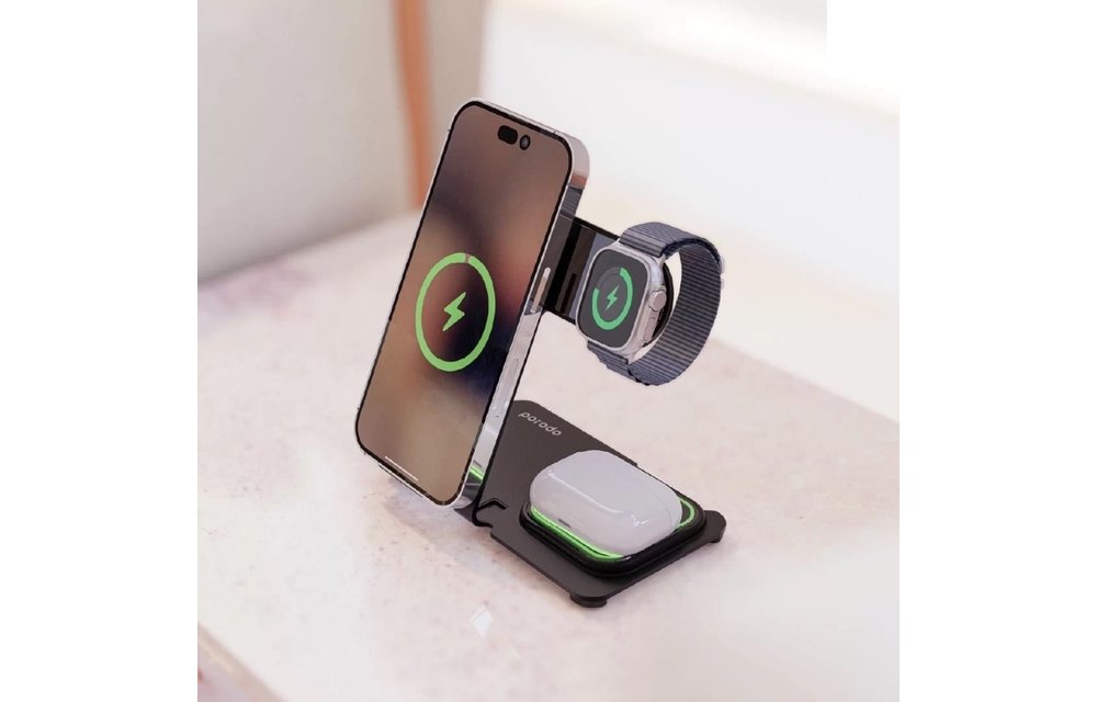 Porodo 3 In 1 Dual Coil Wireless Charging Dock - Black