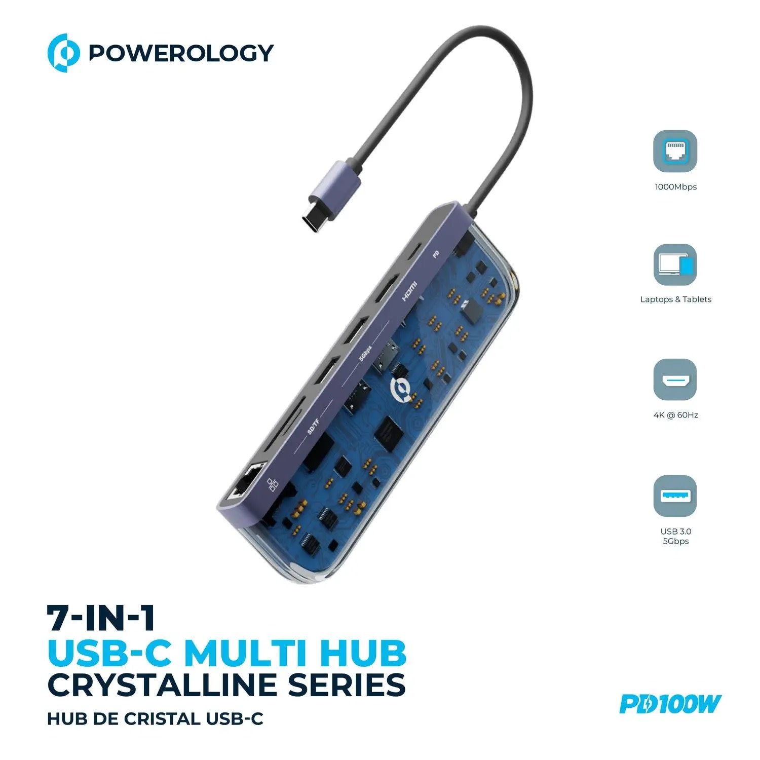 Powerology 7 in1 USB-C Multi Hub Crystalline Series - Transparent
