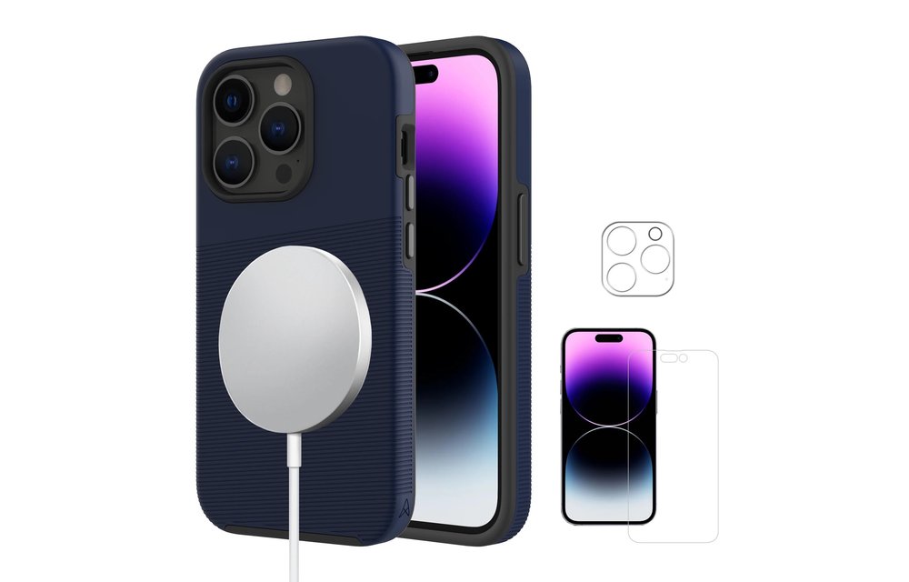 Axessorize Pro Tech Plus MagSafe Case with Glass Protector front Screen and Back Camera for iPhone 14 Pro - Blue