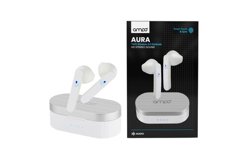 AMPD True Wireless In Ear Headphones with Smart Touch Controls and Charging Pack - White