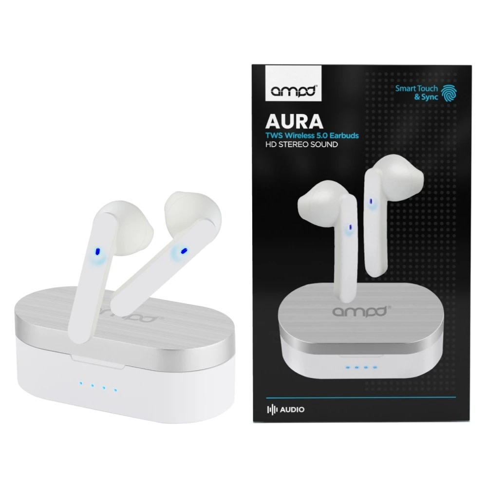 AMPD True Wireless In Ear Headphones with Smart Touch Controls and Charging Pack - White