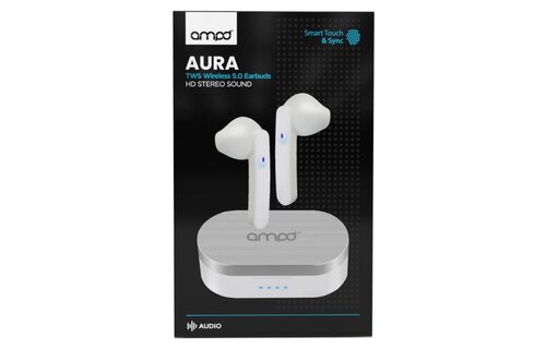 AMPD True Wireless In Ear Headphones with Smart Touch Controls and Charging Pack - White