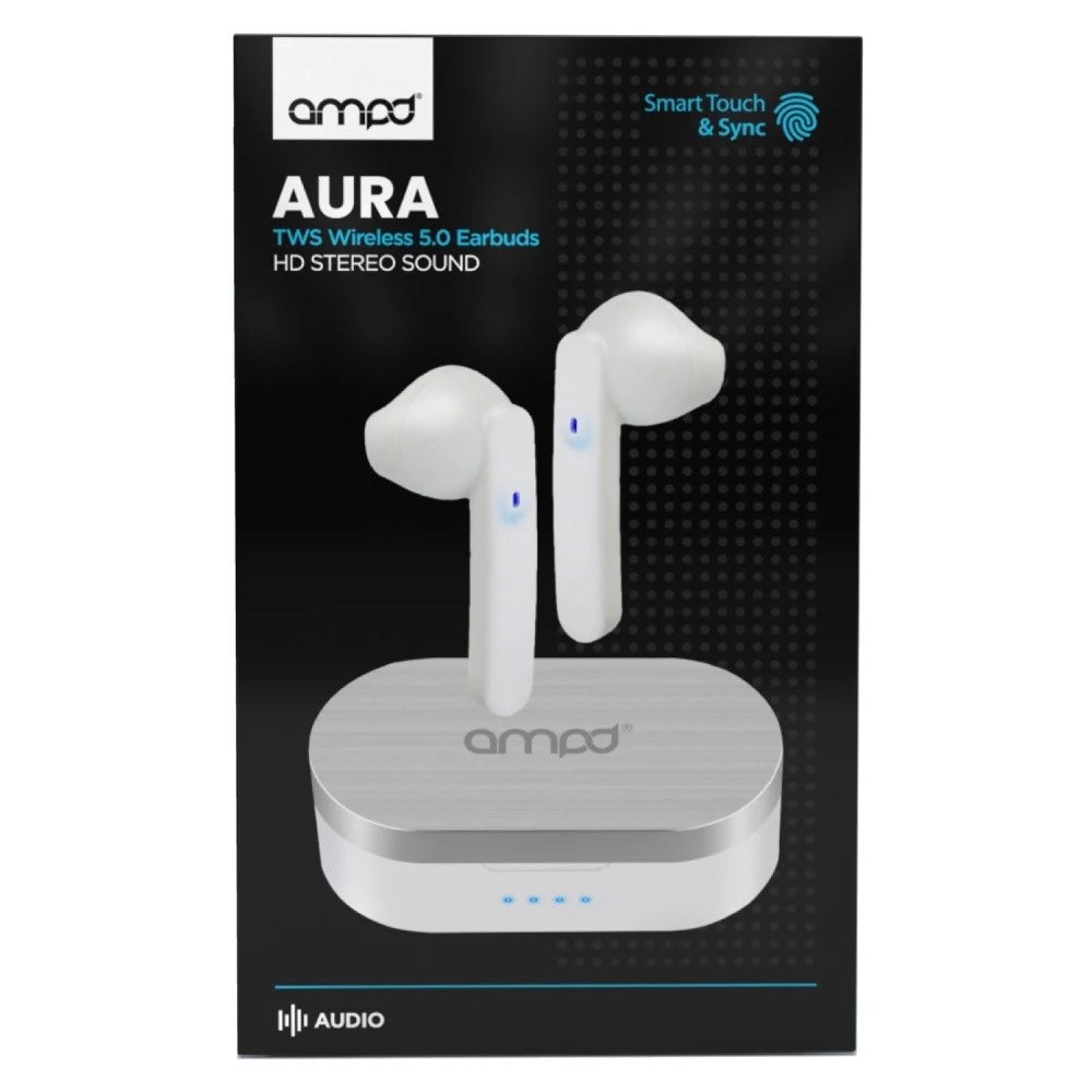 AMPD True Wireless In Ear Headphones with Smart Touch Controls and Charging Pack - White