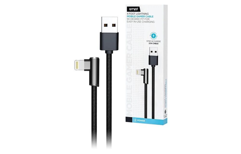 AMPD 90 Degree Gamer USB A to Apple Lightning Cable - Black