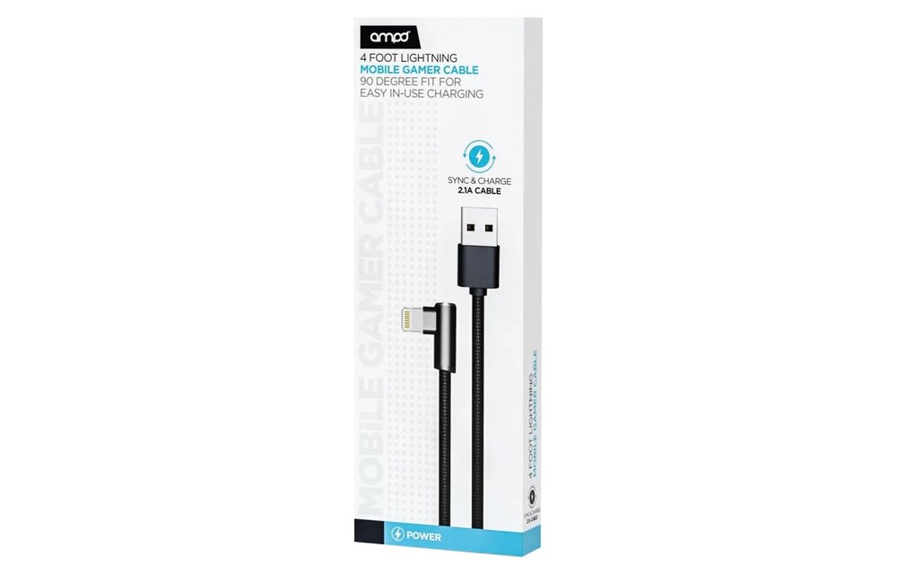 AMPD 90 Degree Gamer USB A to Apple Lightning Cable - Black