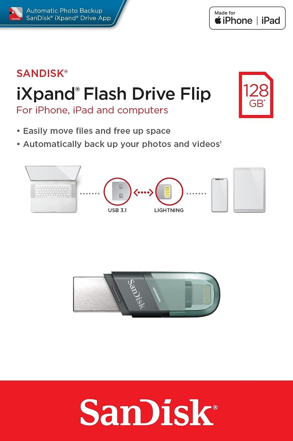 Sandisk iXpand Flash Drive Flip for iPhone, iPad and Computer - 128GB