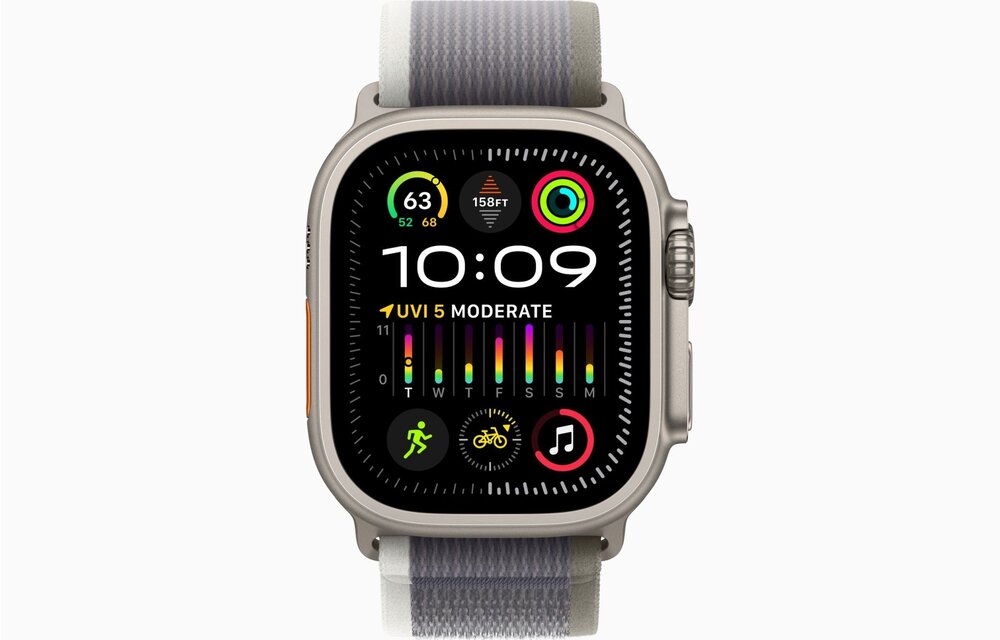 Apple Watch Ultra 2 GPS + Cellular, 49mm Titanium Case with Green/Grey Trail Loop - S/M