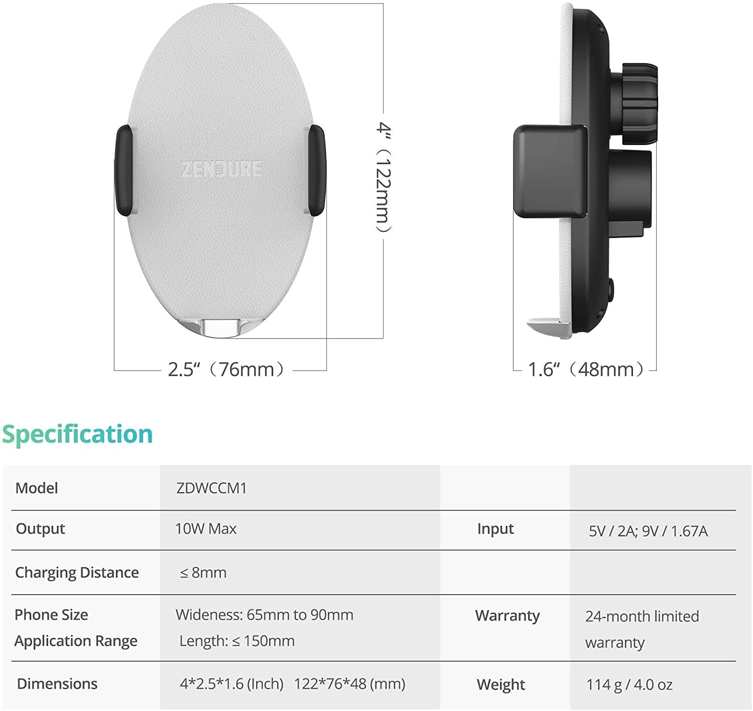 Zendure Q7 Wireless Charger Car Mount with Qu Compatibility - Grey