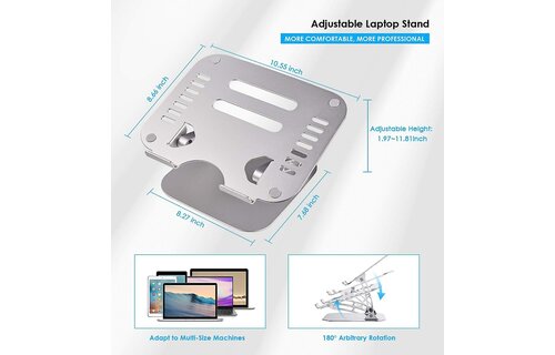 Aluminum Alloy  Notebook and Laptop Stand for Desk, Ergonomic Height Angle Adjustable -  Silver