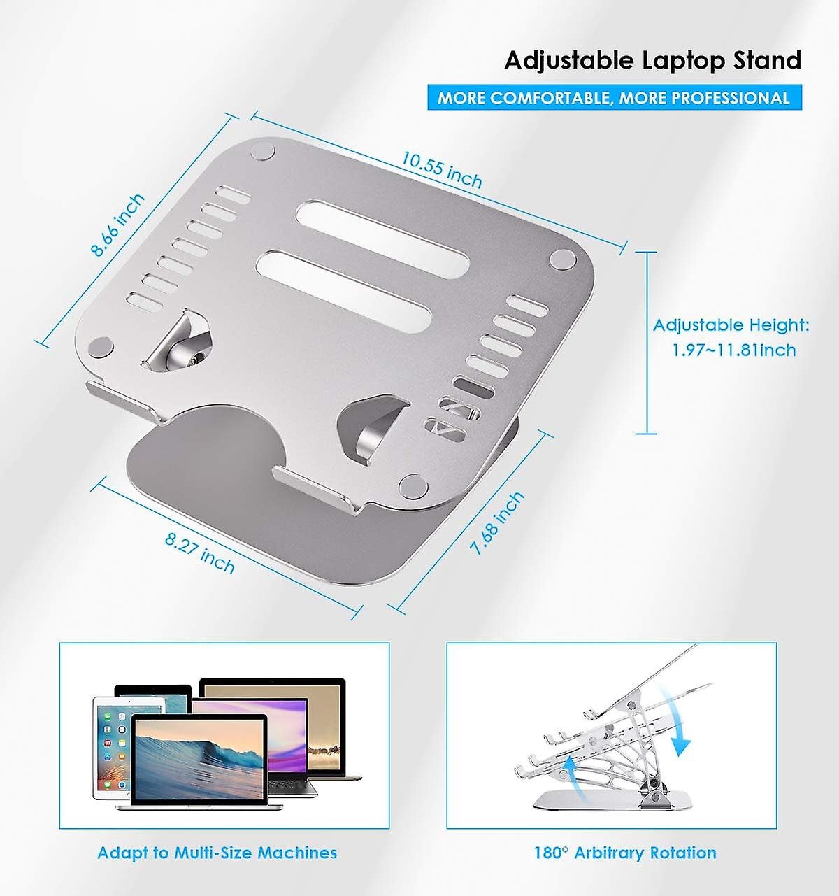 Aluminum Alloy Notebook and Laptop Stand for Desk, Ergonomic Height Angle Adjustable - Silver