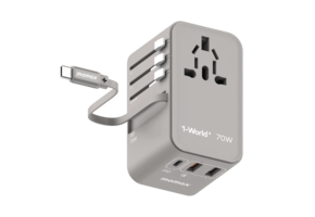 Momax 1 World Plus 70w Gan 3 Port + AC Travel Adapter with Retractable USB-C Cable - Grey