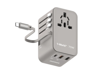 Momax 1 World Plus 70w Gan 3 Port + AC Travel Adapter with Retractable USB-C Cable - Grey
