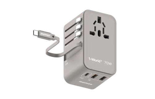 Momax 1 World Plus 70w Gan 3 Port + AC Travel Adapter with Retractable USB-C Cable - Grey