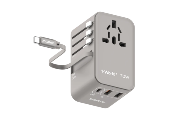 Momax 1 World Plus 70w Gan 3 Port + AC Travel Adapter with Retractable USB-C Cable - Grey