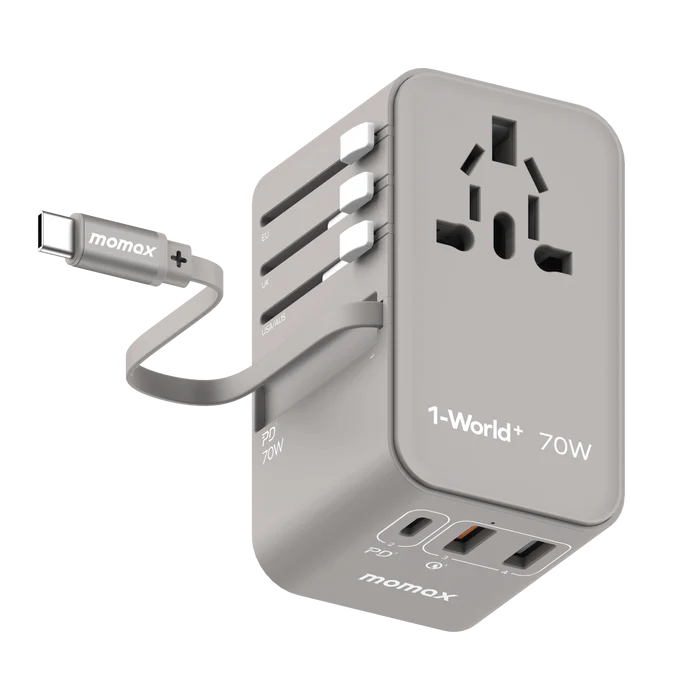 Momax 1 World Plus 70w Gan 3 Port + AC Travel Adapter with Retractable USB-C Cable - Grey