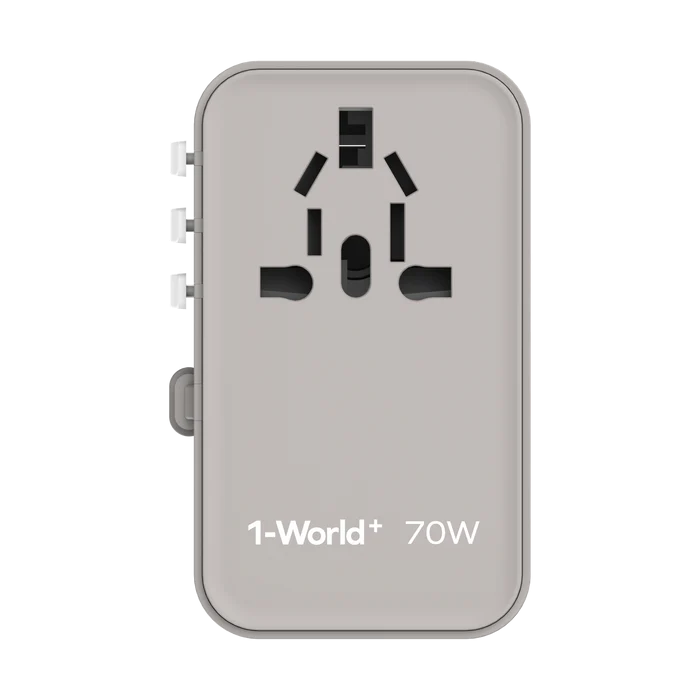 Momax 1 World Plus 70w Gan 3 Port + AC Travel Adapter with Retractable USB-C Cable - Grey