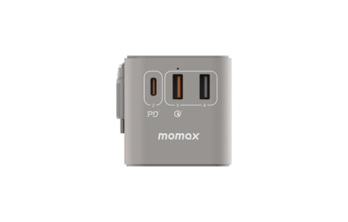 Momax 1 World Plus 70w Gan 3 Port + AC Travel Adapter with Retractable USB-C Cable - Grey