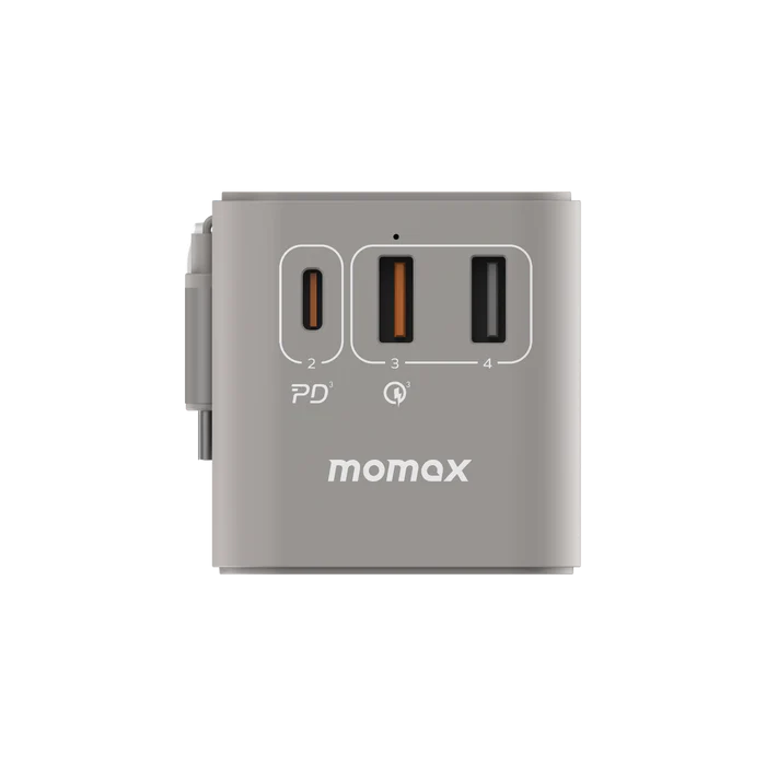 Momax 1 World Plus 70w Gan 3 Port + AC Travel Adapter with Retractable USB-C Cable - Grey