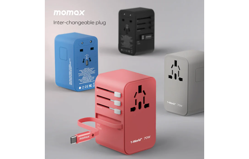 Momax 1 World Plus 70w Gan 3 Port + AC Travel Adapter with Retractable USB-C Cable - Grey