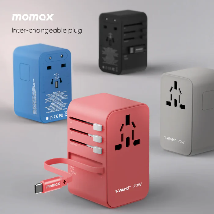 Momax 1 World Plus 70w Gan 3 Port + AC Travel Adapter with Retractable USB-C Cable - Grey