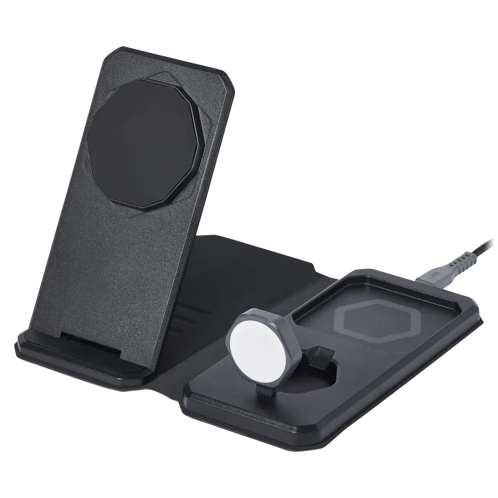 UAG Srge MagSafe Foldable 3-in-1 Travel Desktop Wireless Charger with Adapter Cable and Travel Case - Black/Grey
