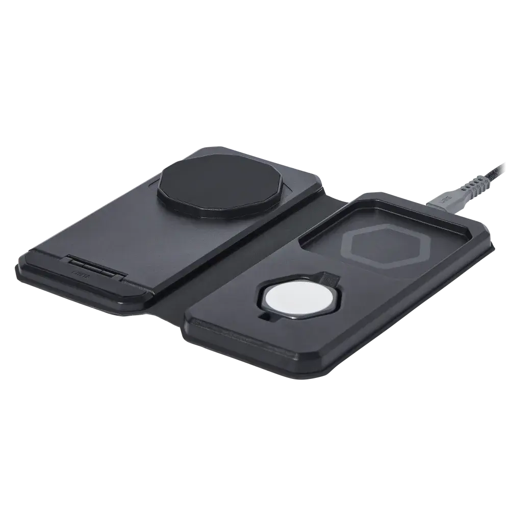 UAG Srge MagSafe Foldable 3-in-1 Travel Desktop Wireless Charger with Adapter Cable and Travel Case - Black/Grey