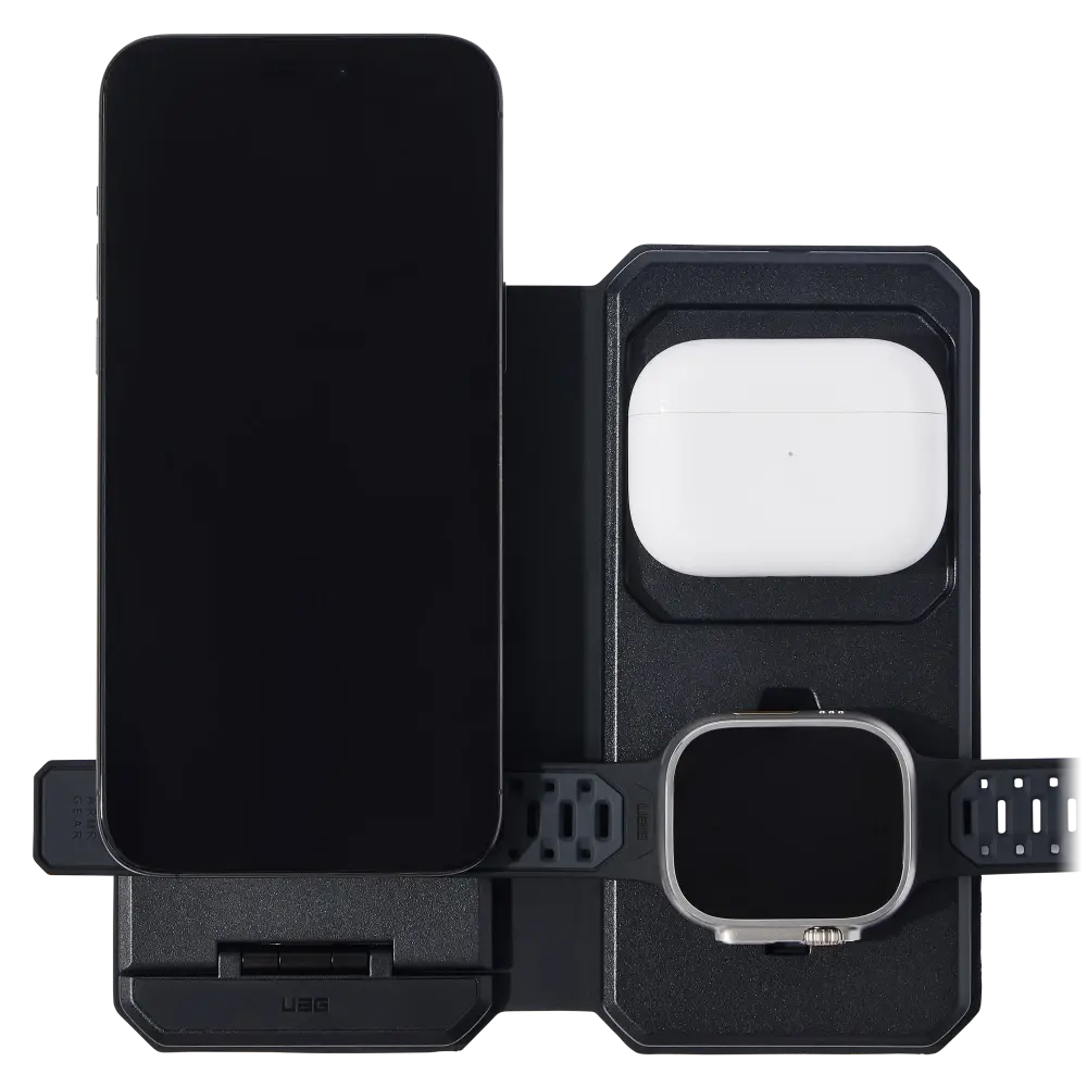 UAG Srge MagSafe Foldable 3-in-1 Travel Desktop Wireless Charger with Adapter Cable and Travel Case - Black/Grey
