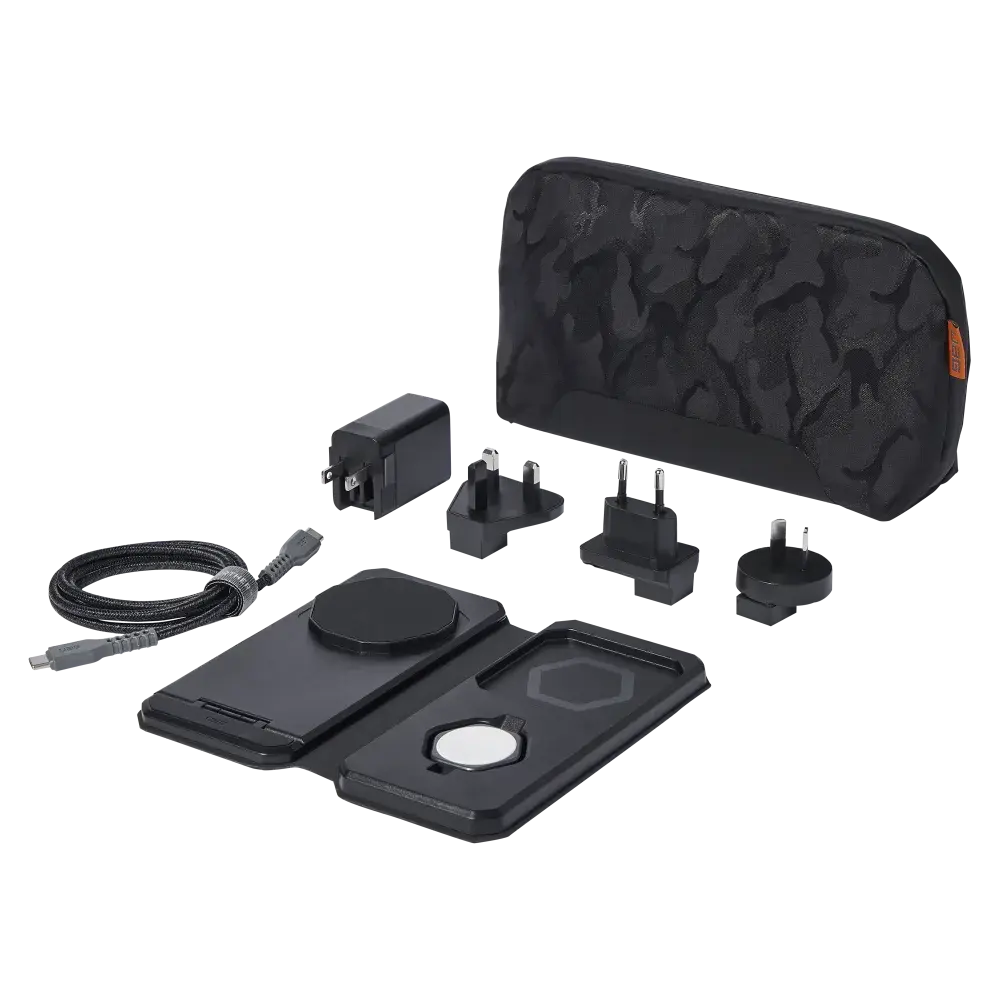 UAG Srge MagSafe Foldable 3-in-1 Travel Desktop Wireless Charger with Adapter Cable and Travel Case - Black/Grey