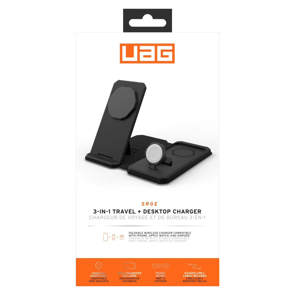 UAG Srge MagSafe Foldable 3-in-1 Travel Desktop Wireless Charger with Adapter Cable and Travel Case - Black/Grey