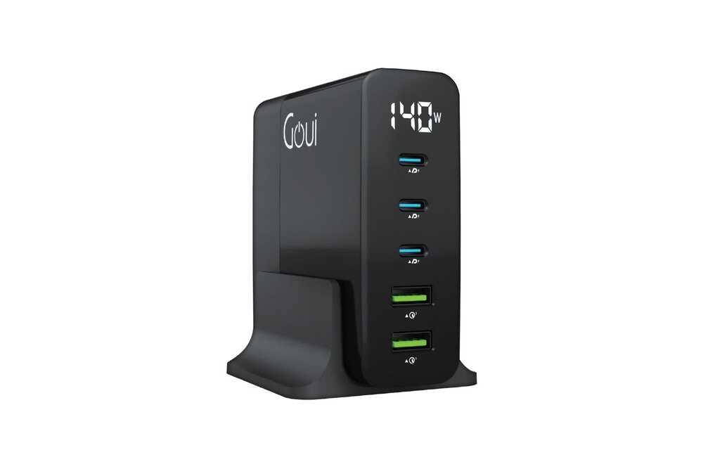 Goui  Gan 140W PD Smart LED Display Desktop Charger 5 Ports - Black