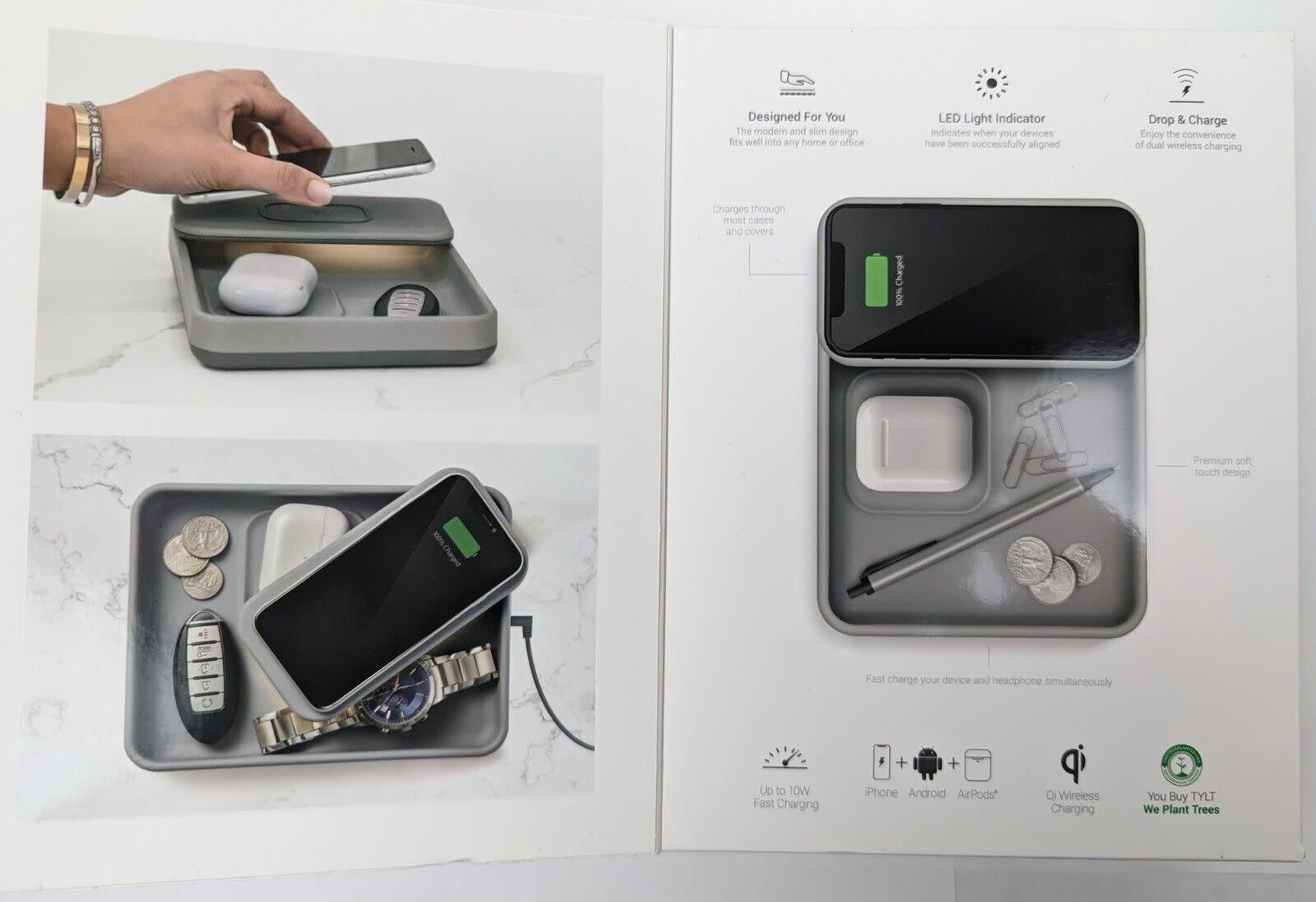 TYLT Tray Pivot Phone and Headphone Wireless Charging Pad 10w - Gray