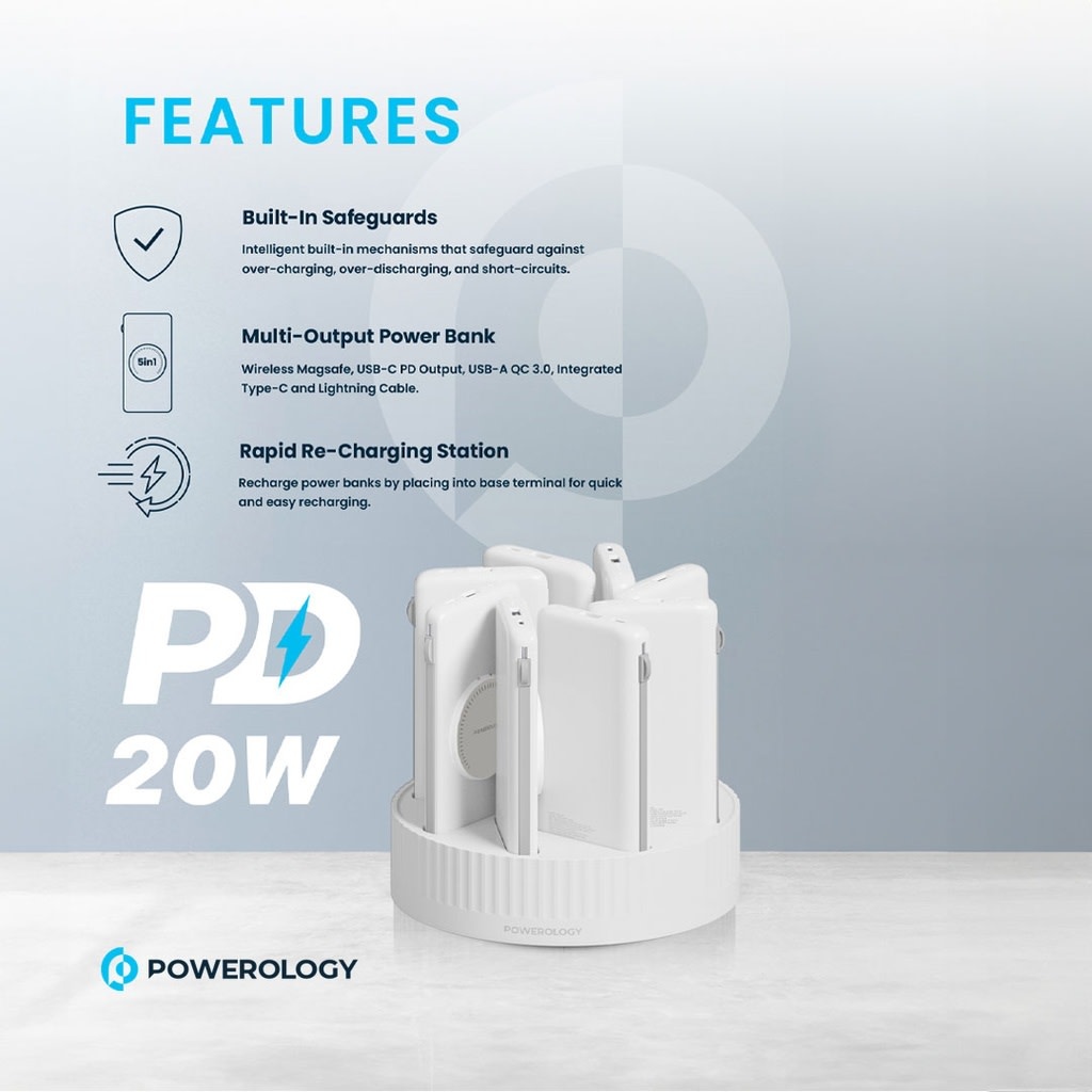 Powerology 8in1 Station 10000mAh PD 120W QC Wireless Power Bank -  White