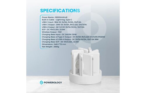 Powerology 8in1 Station 10000mAh PD 120W QC Wireless Power Bank -  White