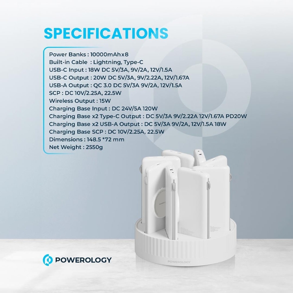 Powerology 8in1 Station 10000mAh PD 120W QC Wireless Power Bank -  White