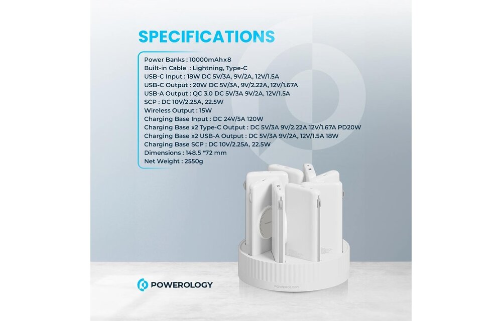 Powerology 8in1 Station 10000mAh PD 120W QC Wireless Power Bank - Black