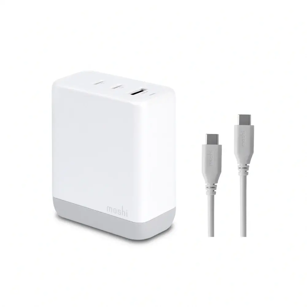 Moshi Rewind 3-Port USB-A and USB-C PD GaN Charger 100W with folding UK Plug - White