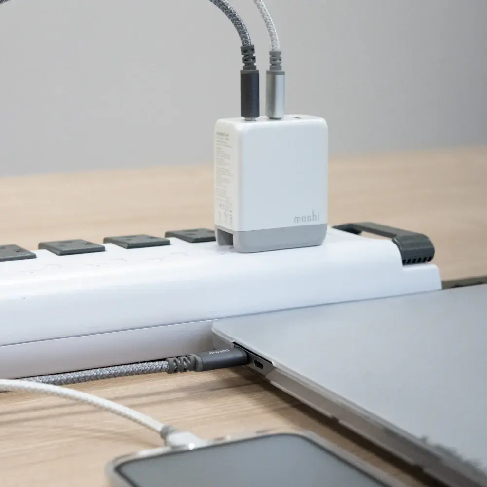 Moshi Rewind 3-Port USB-A and USB-C PD GaN Charger 65W with folding UK Plug  - White