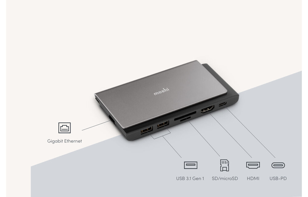 Moshi Symbus Mini 7-in-1 portable USB-C hub with Gigabit Ethernet port - Titanium Gray