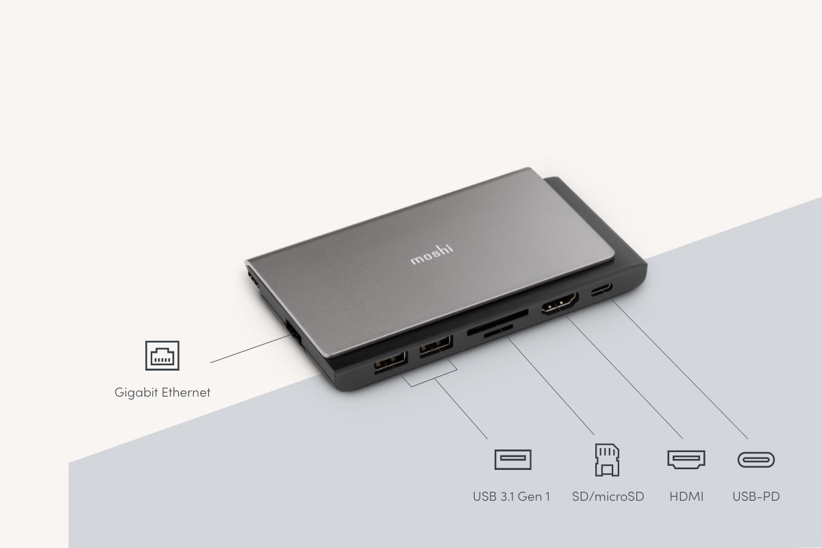 Moshi Symbus Mini 7-in-1 portable USB-C hub with Gigabit Ethernet port - Titanium Gray
