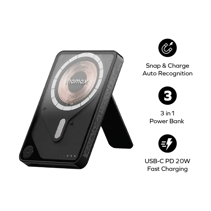 Momax 1-Power X Pro Magnetic Wireless Power Bank with Stand And Built-In USB-C Cable 5000mAh  - Black