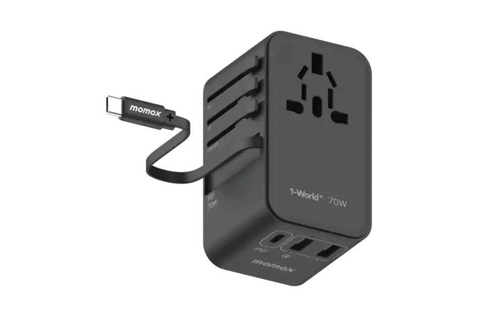 Momax 1 World Plus 70w Gan 3 Port + AC Travel Adapter with Retractable USB-C Cable - Black