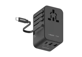 Momax 1 World Plus 70w Gan 3 Port + AC Travel Adapter with Retractable USB-C Cable - Black