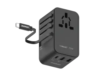 Momax 1 World Plus 70w Gan 3 Port + AC Travel Adapter with Retractable USB-C Cable - Black