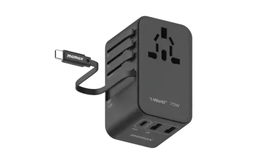 Momax 1 World Plus 70w Gan 3 Port + AC Travel Adapter with Retractable USB-C Cable - Black