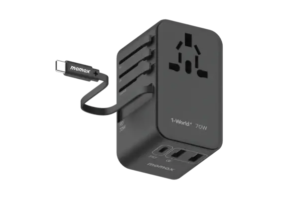 Momax 1 World Plus 70w Gan 3 Port + AC Travel Adapter with Retractable USB-C Cable - Black