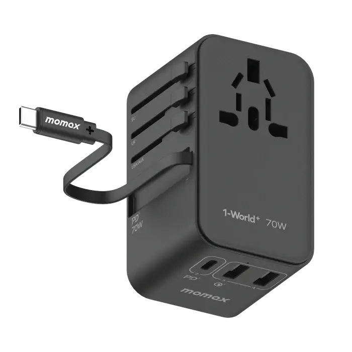Momax 1 World Plus 70w Gan 3 Port + AC Travel Adapter with Retractable USB-C Cable - Black